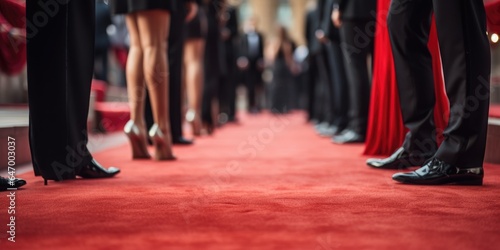 Group of people dressed in a tuxedo and beautiful dresses are standing on the red carpet. Generative AI