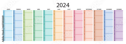 Spanish calendar planner 2024 vector, schedule month calender, organizer template. Business personal page. Modern simple illustration