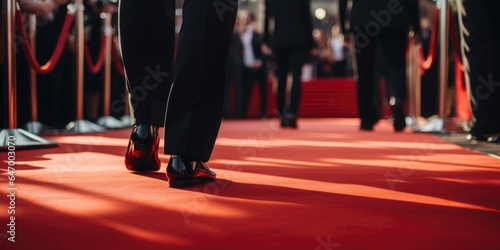 Group of people dressed in a tuxedo and beautiful dresses are standing on the red carpet. Generative AI