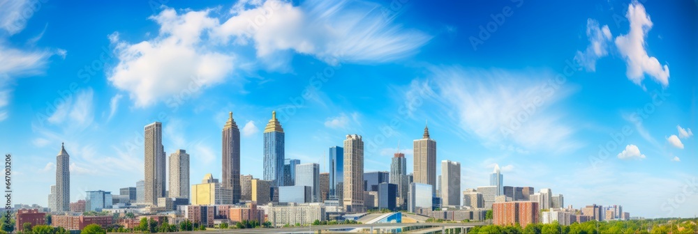 Downtown Atlanta Skyscrapers: A Majestic Urban Skyline View of the City's Prominent Landmarks against Blue Sky Background