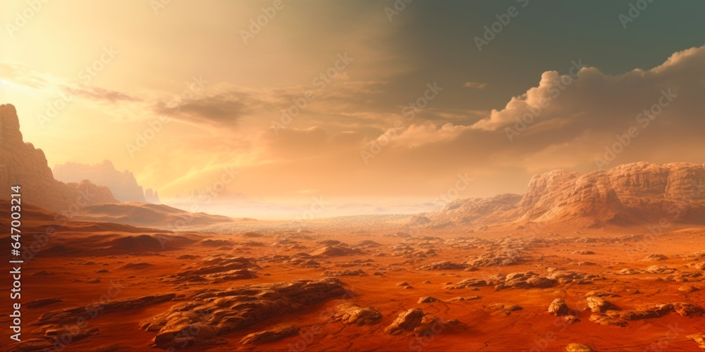 Exploring the Alien Terrain of Mars: 3D Render of Dramatic Red Scenery, Hills, Canyons and Desert Landscapes on Imaginary Planet