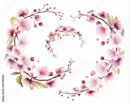 Floral Clipart: Watercolor Sakura Blossoms and Gold Frame for Spring-Themed Designs with Japanese Nature Background