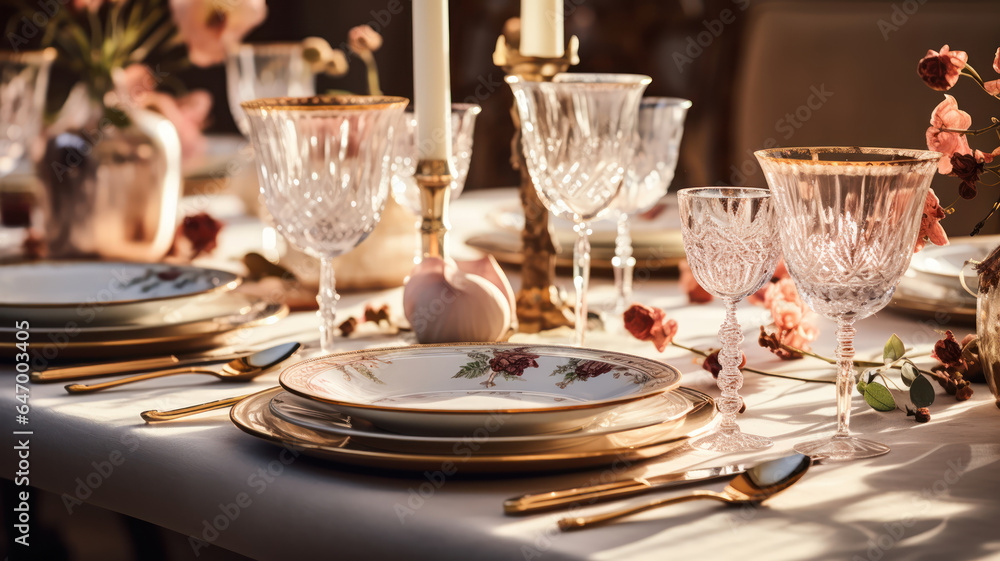 Elegant Table Setting with Fine China and Crystal Glasses