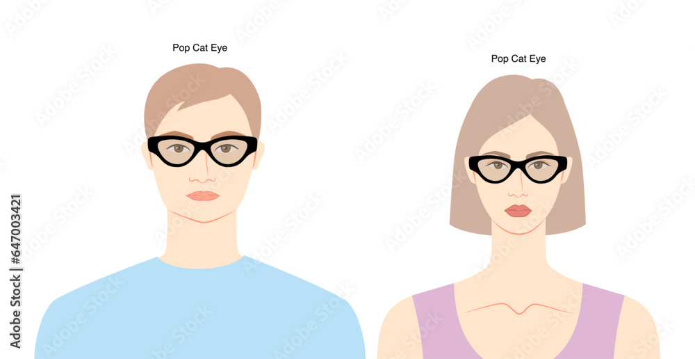 Pop Cat Eye frame glasses on women and men flat character fashion accessory illustration. Sunglass front view unisex style, rim spectacles eyeglasses, lens sketch style outline isolated on white Pop Cat Eye frame glasses on women and men flat character fashion accessory illustration. Sunglass front view unisex style, rim spectacles eyeglasses, lens sketch style outline isolated on white