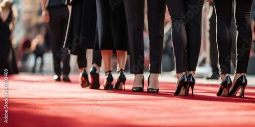Group of people dressed in a tuxedo and beautiful dresses are standing on the red carpet. Generative AI