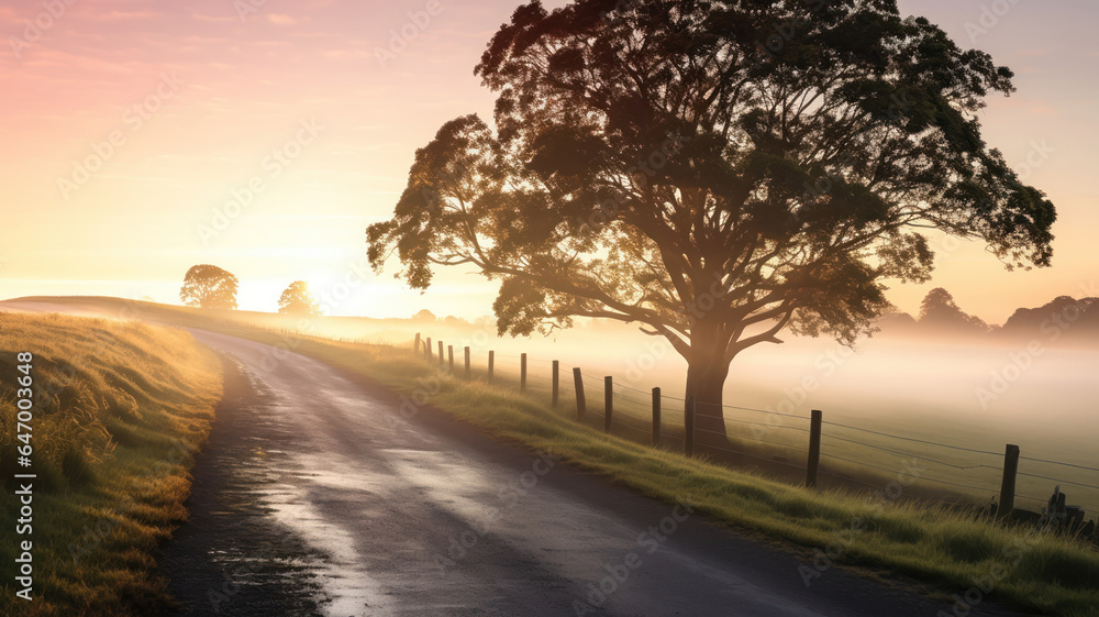 Countryside Road Shrouded in Early Morning Mist Countryside Road Shrouded in Early Morning Mist