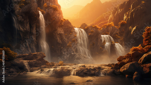 Waterfall illuminated by the golden light of sunrise in a mountainous region