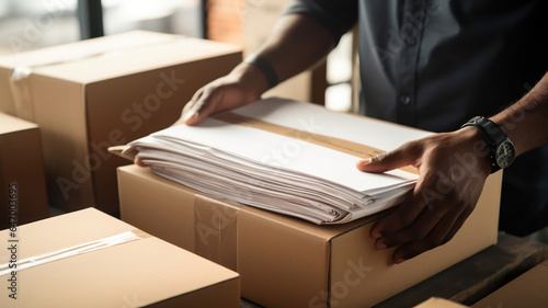Close-up of Hands Holding Freight Shipping Documents Over a Desk © Putra