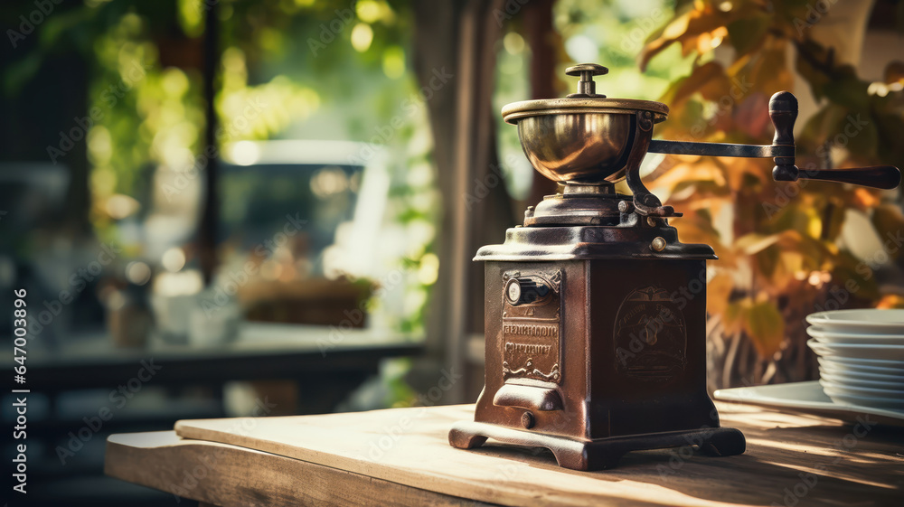 Antique Coffee Grinder on Rustic Wooden Table in Outdoor Cafe Setting - obrazy, fototapety, plakaty 