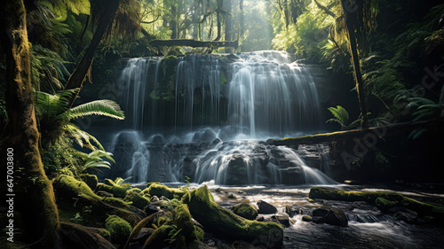 Cascading waterfall surrounded by lush ferns and moss in a secluded forest
