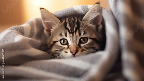 A tabby kitten snuggling on a cozy blanket indoors