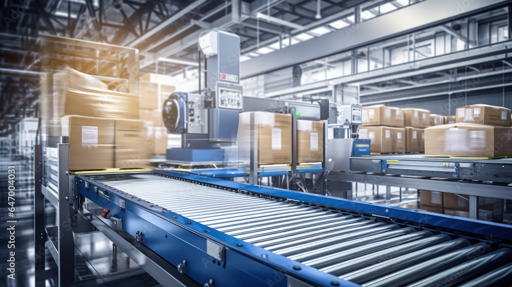 Packages Moving on a Conveyor Belt in a High-tech Warehouse Packages Moving on a Conveyor Belt in a High-tech Warehouse