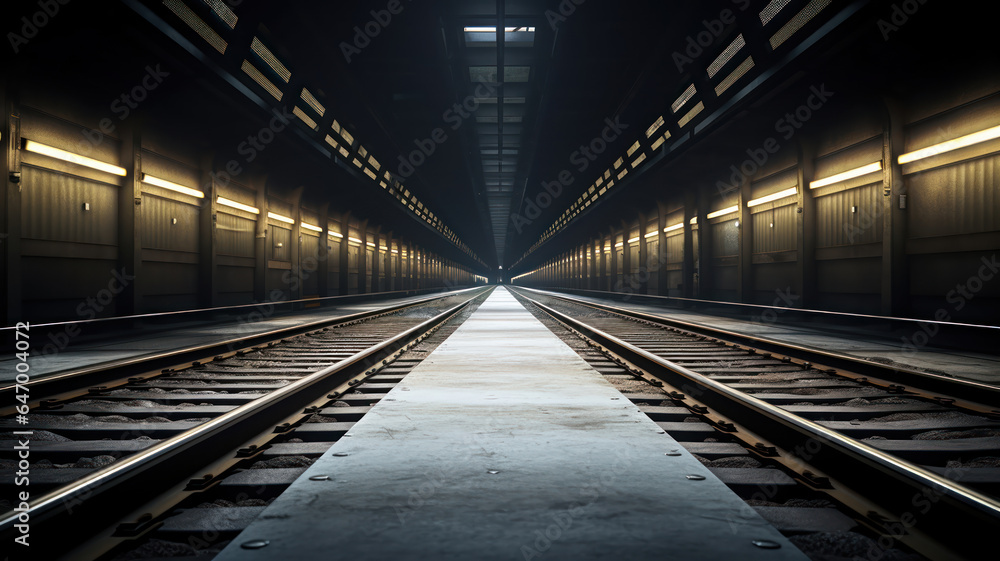 A Vanishing Perspective of Subway Tracks Inside the Tunnel A Vanishing Perspective of Subway Tracks Inside the Tunnel