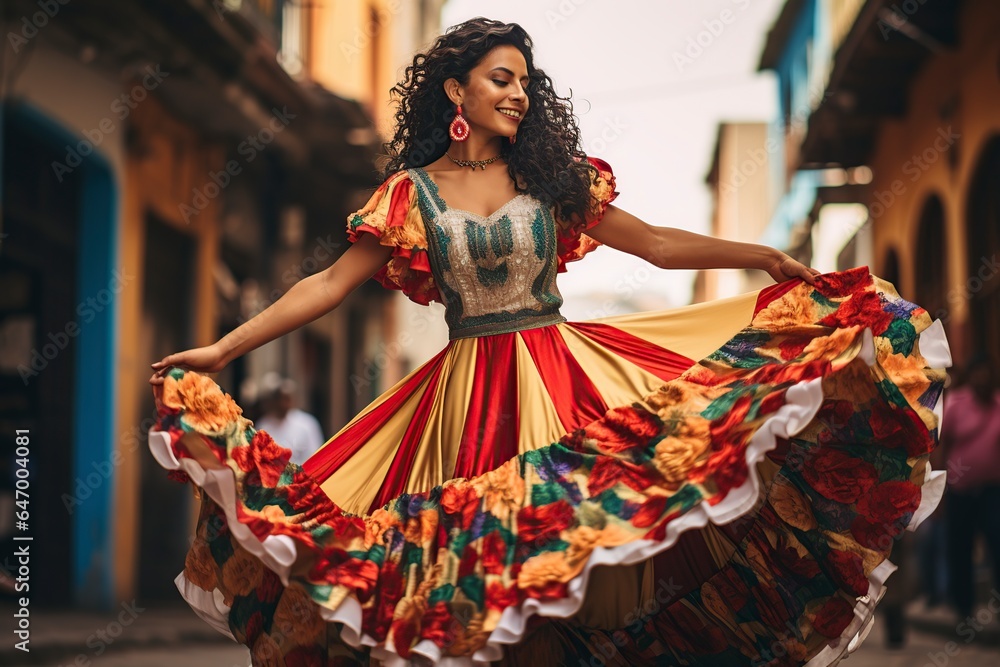 woman dancing in traditional mexican dress enjoying