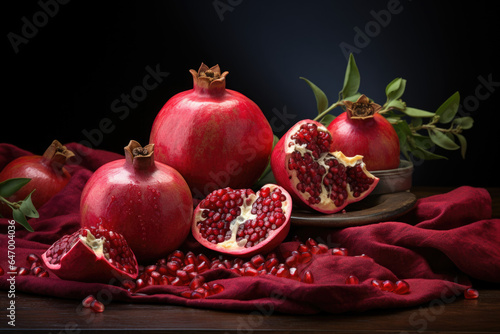 Pomegranates, bursting with seeds, symbolizing abundance and the many good deeds to come in the new year. Generative Ai.