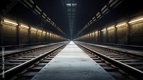 A Vanishing Perspective of Subway Tracks Inside the Tunnel