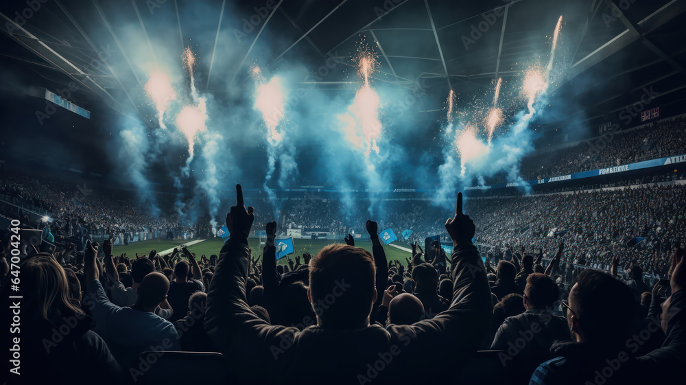Roaring Crowd Illuminated by Stadium Lights During a Night Match