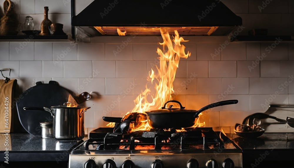 Kitchen fire hazard - residential danger, home safety, emergency - obrazy, fototapety, plakaty 