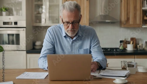 Financial crisis stress - Caucasian man with laptop, calculating expenses from invoice, bills, credit card, unable to pay debt mortgage or loan, bankruptcy concept