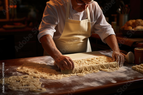 A person skillfully using a pasta maker to create homemade pasta sheets, reflecting the artistry of traditional cooking methods. Generative Ai.