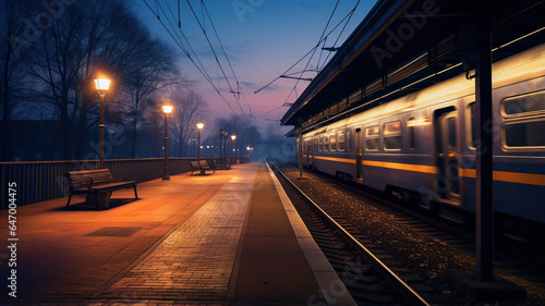 A lone train at an empty station platform in the evening