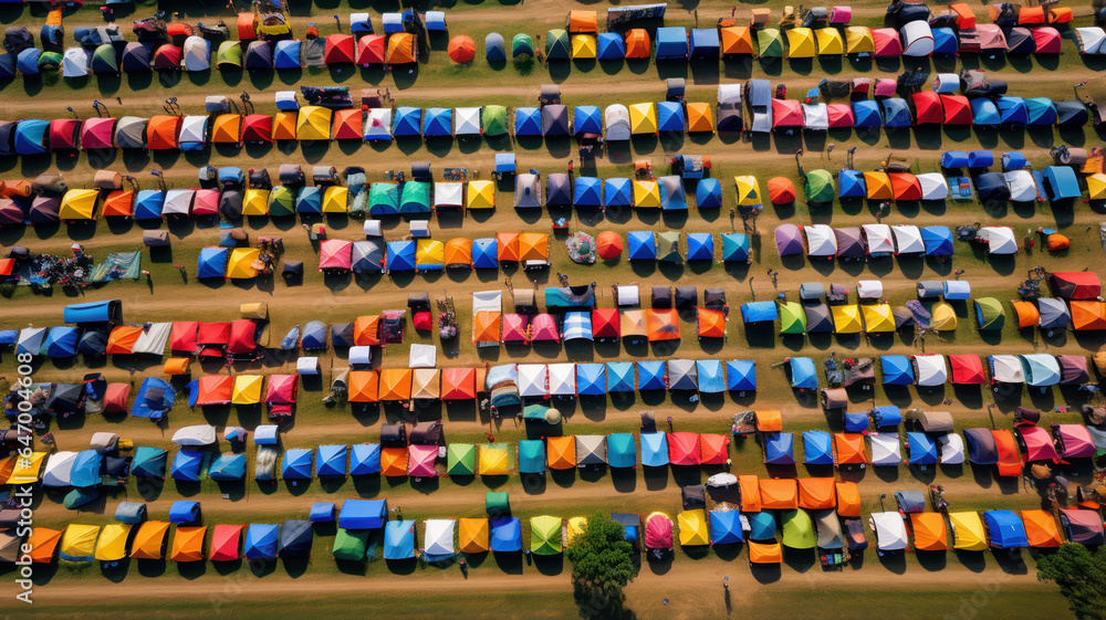 Aerial View of Colorful Festival Tents Laid Out in a Field
