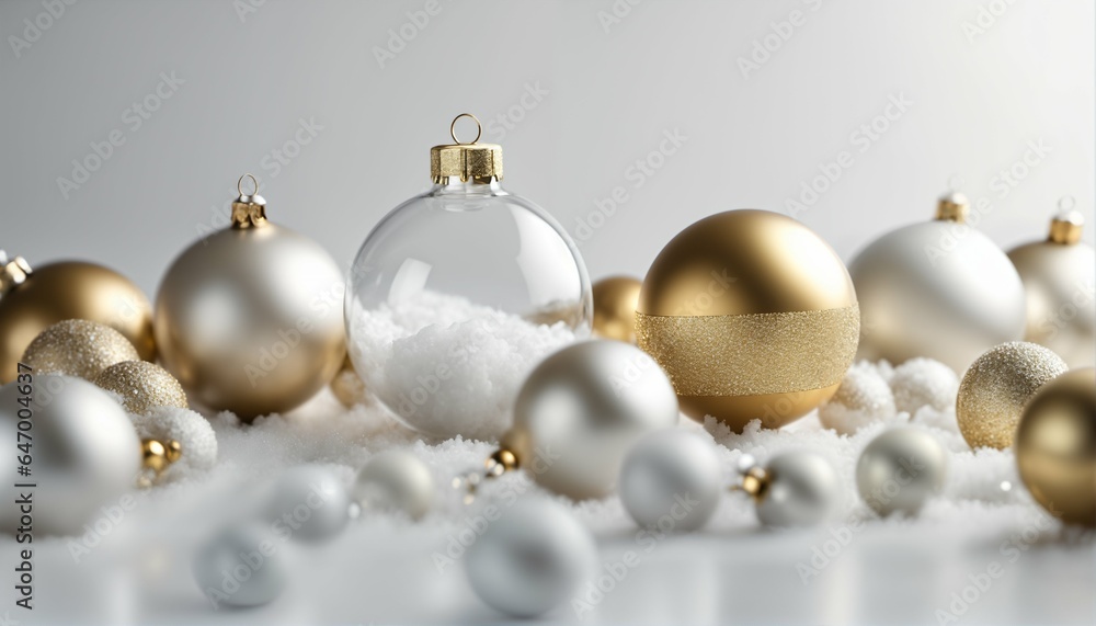 Winter holiday wallpaper with white and gold ornaments - Christmas baubles, empty glass snowball, isolated on white background, festive Winter holiday wallpaper with white and gold ornaments - Christmas baubles, empty glass snowball, isolated on white background, festive