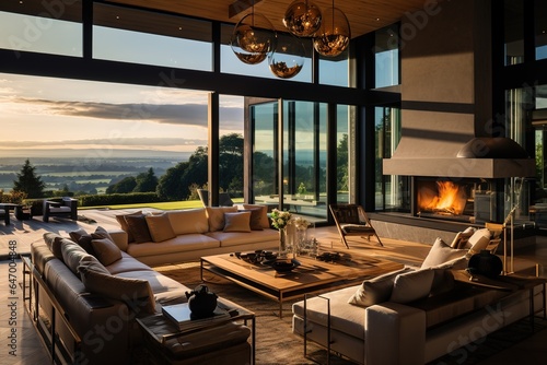 Newly designed luxury home's living room, featuring an open plan that encompasses the kitchen and dining areas. The expansive windows offer an exceptional view of the surrounding outdoors