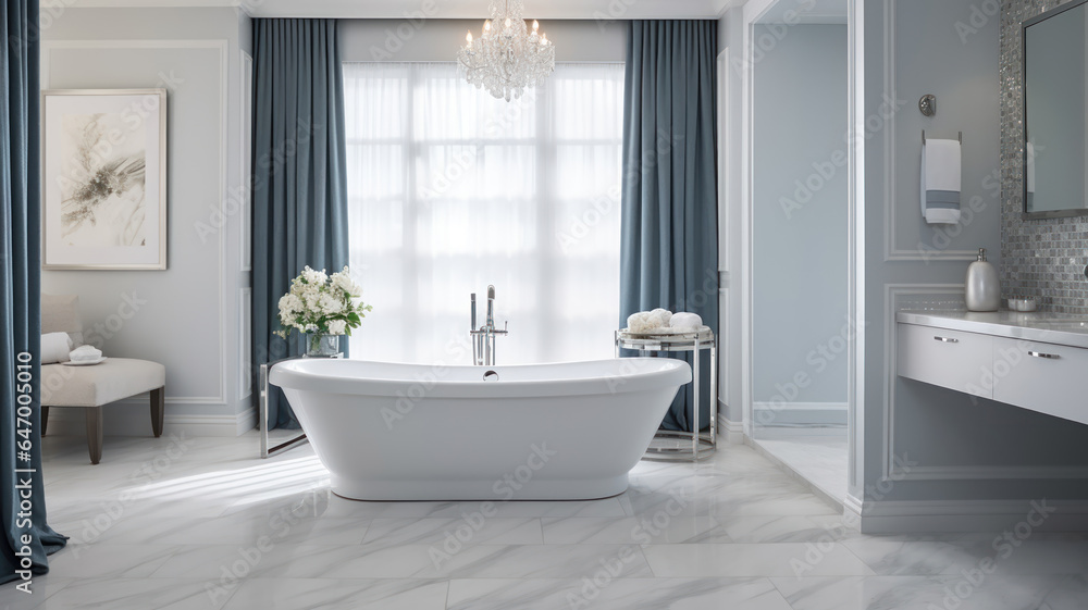 Obraz premium Freestanding bathtub accented by elegant fixtures in a hotel bathroom