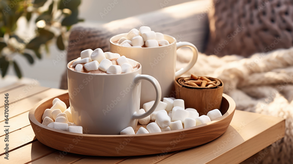 Hot Chocolate with Marshmallows on a Table in a Cozy Outdoor Corner Hot Chocolate with Marshmallows on a Table in a Cozy Outdoor Corner