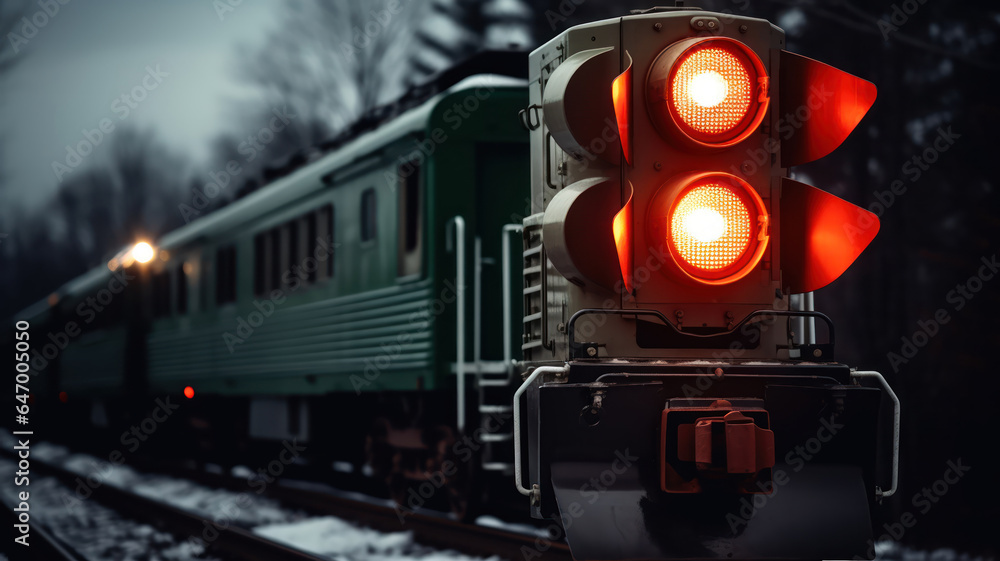 Close-up of a train signal light with an approaching train in the background - obrazy, fototapety, plakaty 