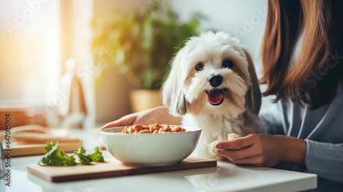 Woman feeding her pet dog in a modern kitchen setting