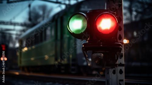 Close-up of a train signal light with an approaching train in the background