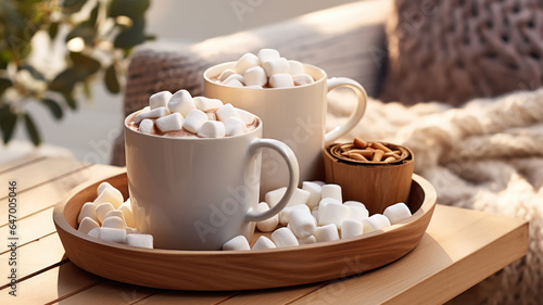 Hot Chocolate with Marshmallows on a Table in a Cozy Outdoor Corner