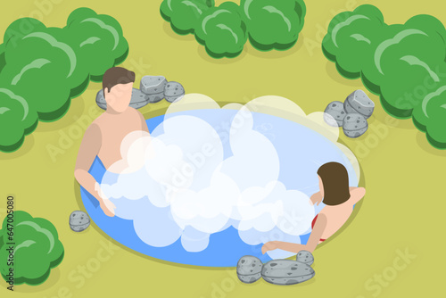 3D Isometric Flat Vector Conceptual Illustration of Japanese Spa Resort, Enjoying Water Procedures