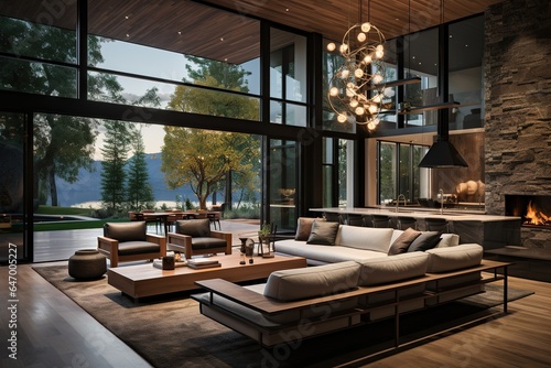 Step inside a luxurious contemporary living space within a recently constructed home. The open design living room, kitchen, and dining room, while large windows frame a picturesque exterior landscape.