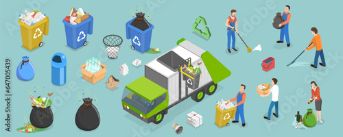 3D Isometric Flat Vector Set of Cleaners Characters, Gargabe and Trash Containters