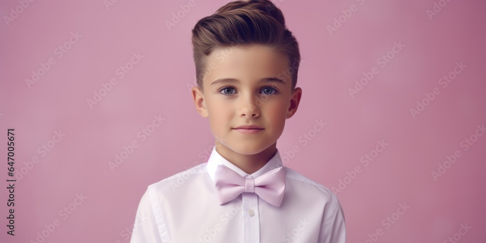 Young boy, wearing a lavender bow tie, on a pastel pink background. Young boy, wearing a lavender bow tie, on a pastel pink background.