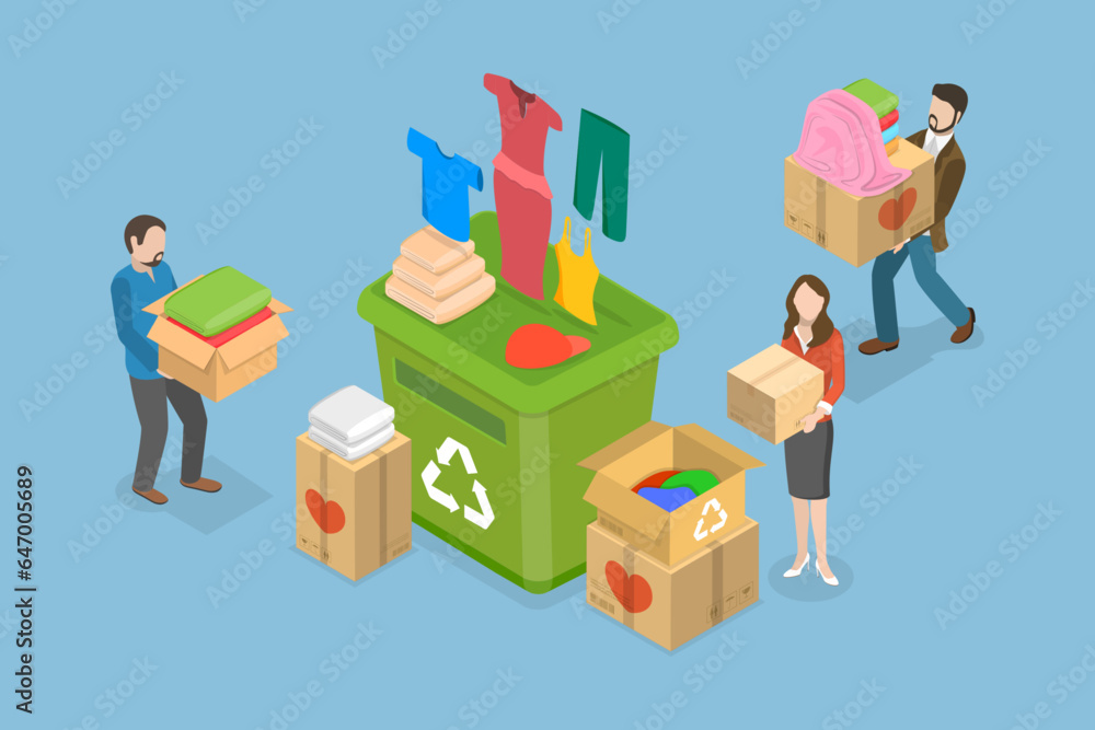 3D Isometric Flat Vector Conceptual Illustration of Recycling Clothes, Garment Reuse 3D Isometric Flat Vector Conceptual Illustration of Recycling Clothes, Garment Reuse