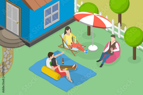 3D Isometric Flat Vector Conceptual Illustration of Backyard Party, Summer Picnic and Outdoors Recreation