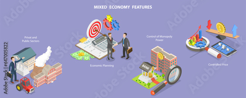 3D Isometric Flat Vector Conceptual Illustration of Mixed Economy Features, Public and Private Sectors