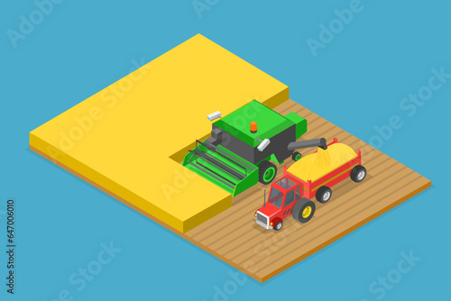 3D Isometric Flat Vector Conceptual Illustration of Combine Harvester, Agriculture Machinery