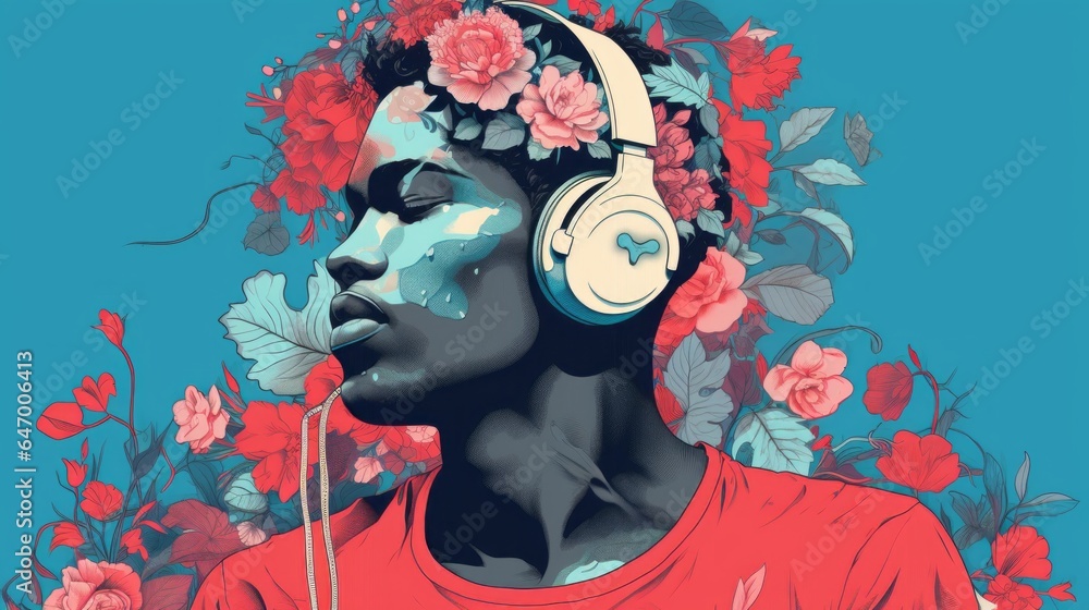Retro Illustration of African American Male Listening to Headphones, pink flowers, blue background