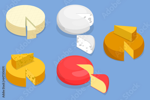 3D Isometric Flat Vector Set of Cheese Set, Organic Fresh Food