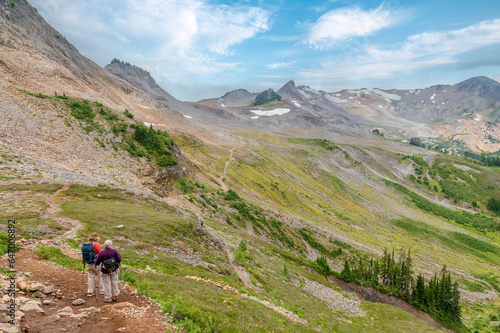 Fototapeta Naklejka Na Ścianę i Meble -  Two Senior Women Hiking a Mountain Trail. The Ptarmigan Ridge Trail in the Mt. Baker National Forest is rocky from start to finish, lined with lupine and sedges, and patches of blueberries.