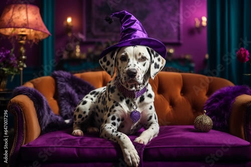 Cute Dalmatian dog with violet witch hat on orange sofa and violet background with festive halloween decoration © Anisgott
