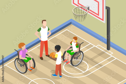 3D Isometric Flat Vector Conceptual Illustration of Kids With Physical Disability, Medical Rehabilitation