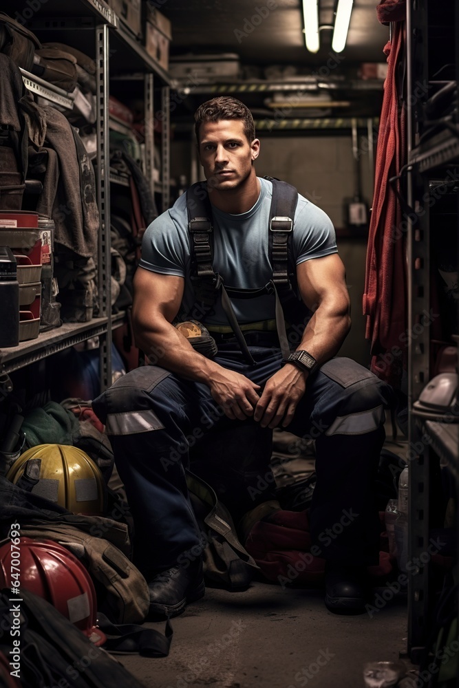 strong firefighter in a garage of a fire department
