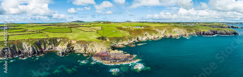 Panorama of St. Non’s Cliffs and Bay from a drone, St Davids, Haverfordwest, Wales, England