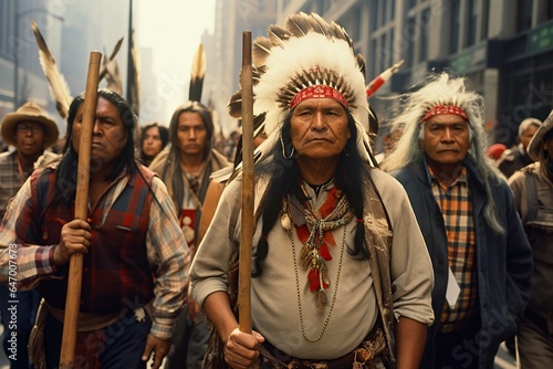 group of indigenous Latin Americans walking through the streets of the city
